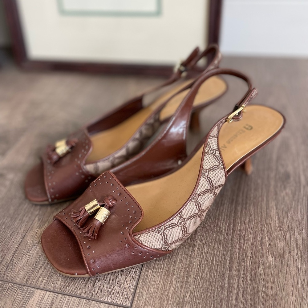 Etienne Aigner Designer Kitten Slingback Signature Monogram Terri Tobacco Heels